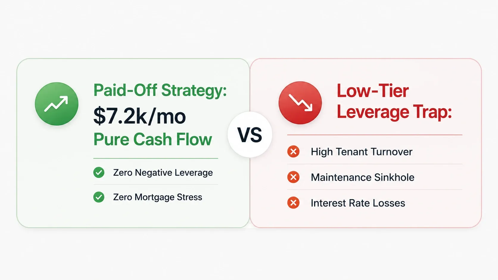 Paid-off real estate investment strategy compared with leveraged rental property investing highlighting cash flow, mortgage risk, maintenance expenses, and tenant turnover