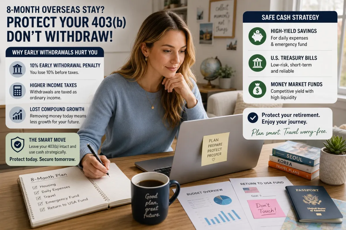 Smart financial planning strategy for an 8-month overseas stay without withdrawing from a 403(b) retirement account