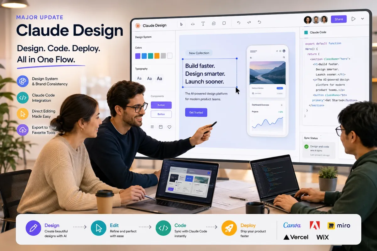 Claude Design workflow connecting AI-powered design, code generation, and product deployment in a modern collaborative workspace