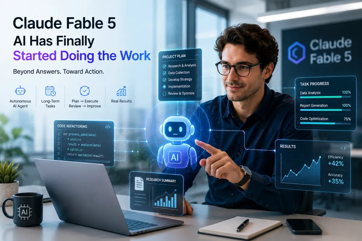Claude Fable 5 autonomous AI agent managing coding, research, and productivity tasks in a futuristic digital workspace