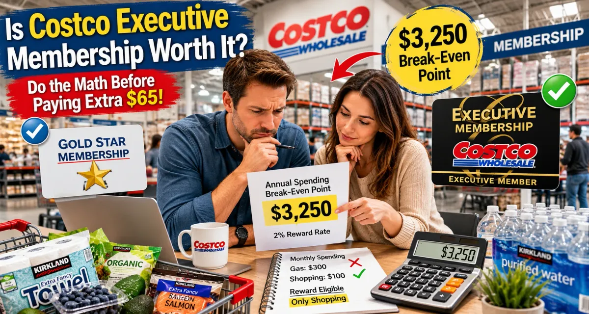 Costco shoppers comparing Executive and Gold Star memberships while calculating the $3,250 break-even spending threshold.