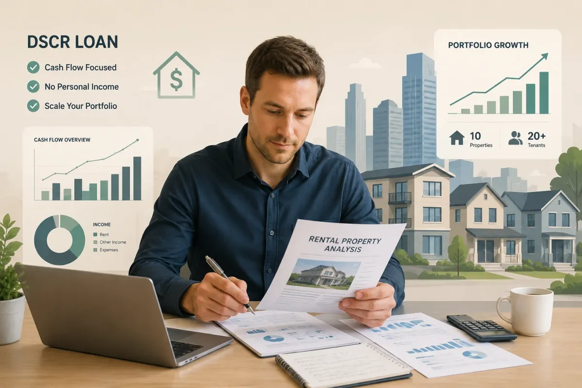 Real estate investor reviewing DSCR loan refinance documents for rental portfolio growth