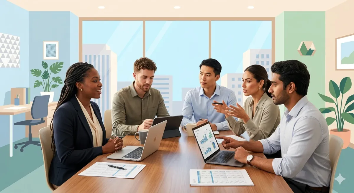 A group of professional young adults discussing financial planning and salary negotiation strategies in a modern office space.