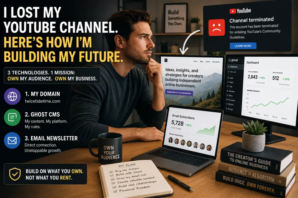 Creator rebuilding an independent online business with Ghost CMS, a personal domain, and an email newsletter after losing a YouTube channel.