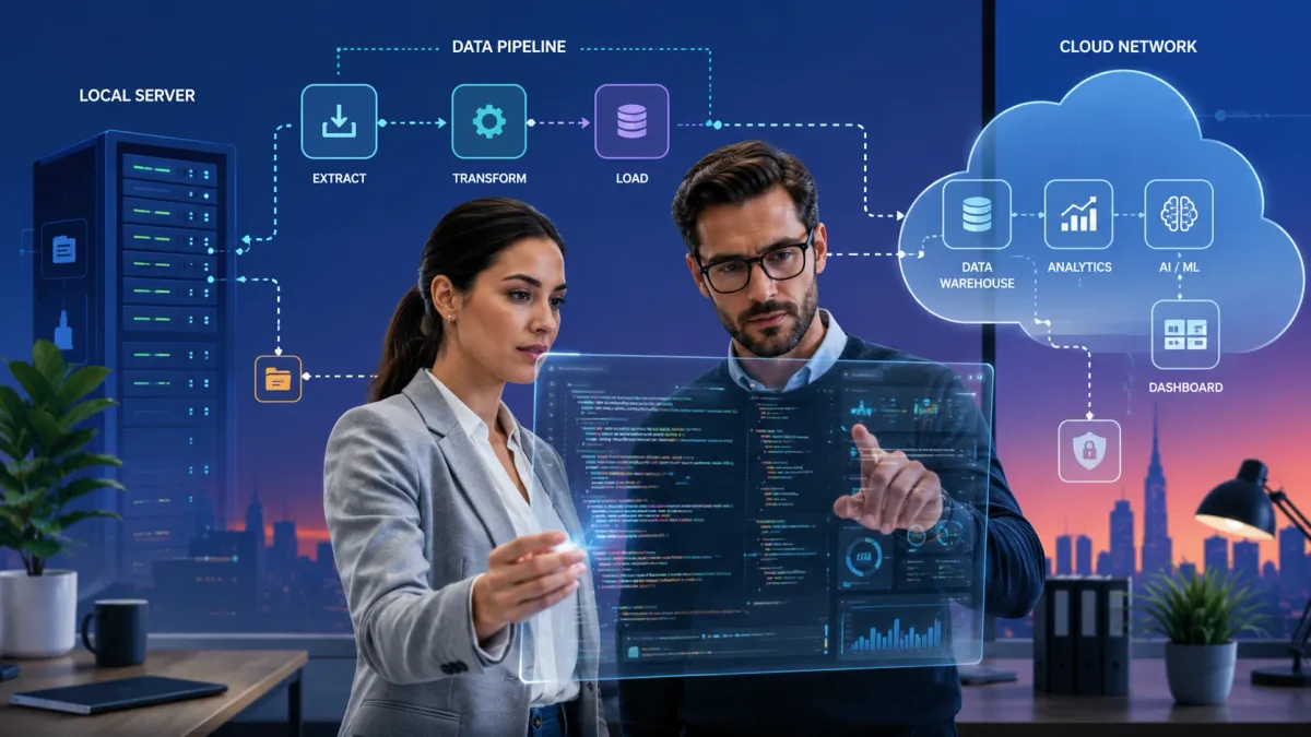A professional hybrid digital flat illustration and realistic character rendering showing IT architects optimizing an asynchronous local-to-cloud LLM pipeline script on a glass monitor.