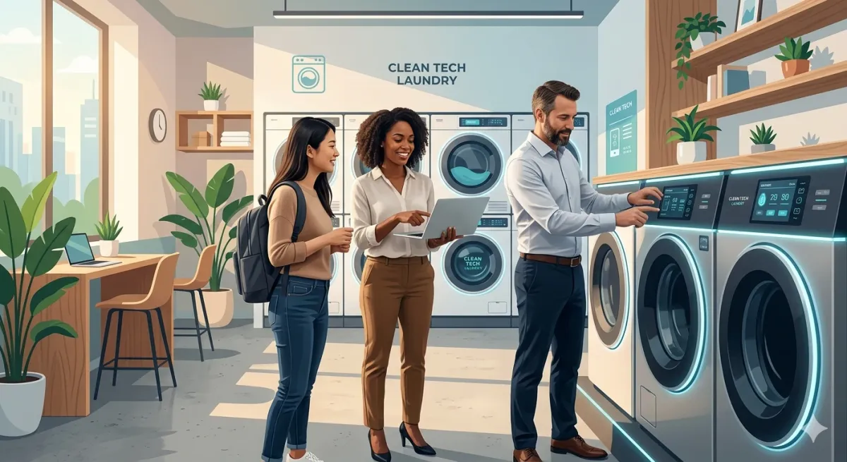 A professional team using a modern high-efficiency smart laundromat facility with digital mobile integration.
