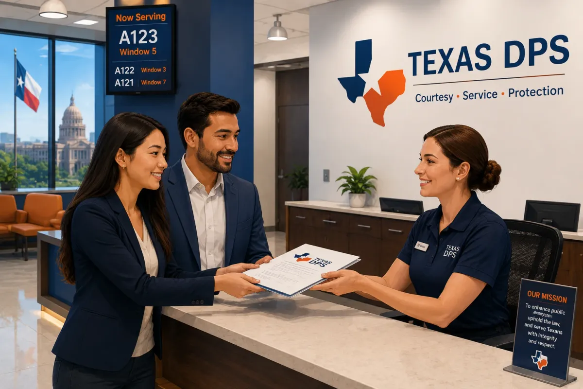 An expat couple receiving expert assistance with their Texas driver's license application at a DPS office counter.