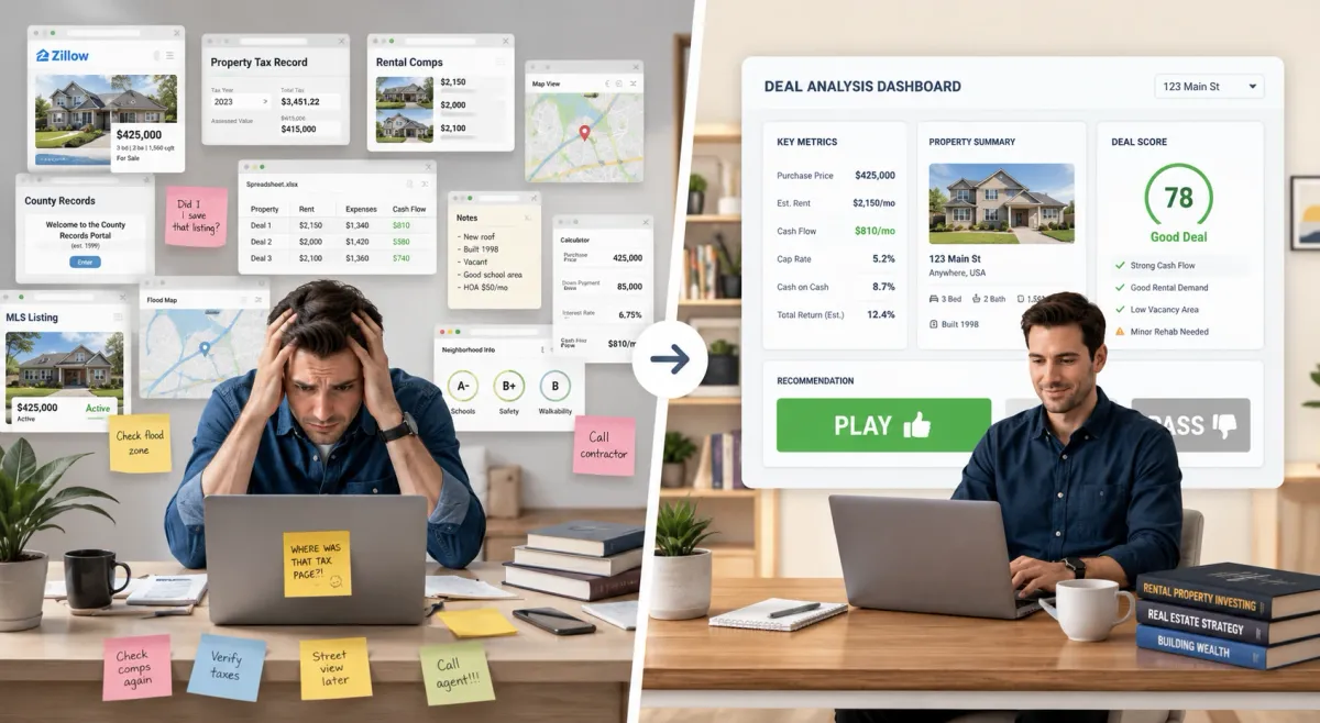 Real estate investor overwhelmed by multiple browser tabs compared to a streamlined property analysis dashboard.