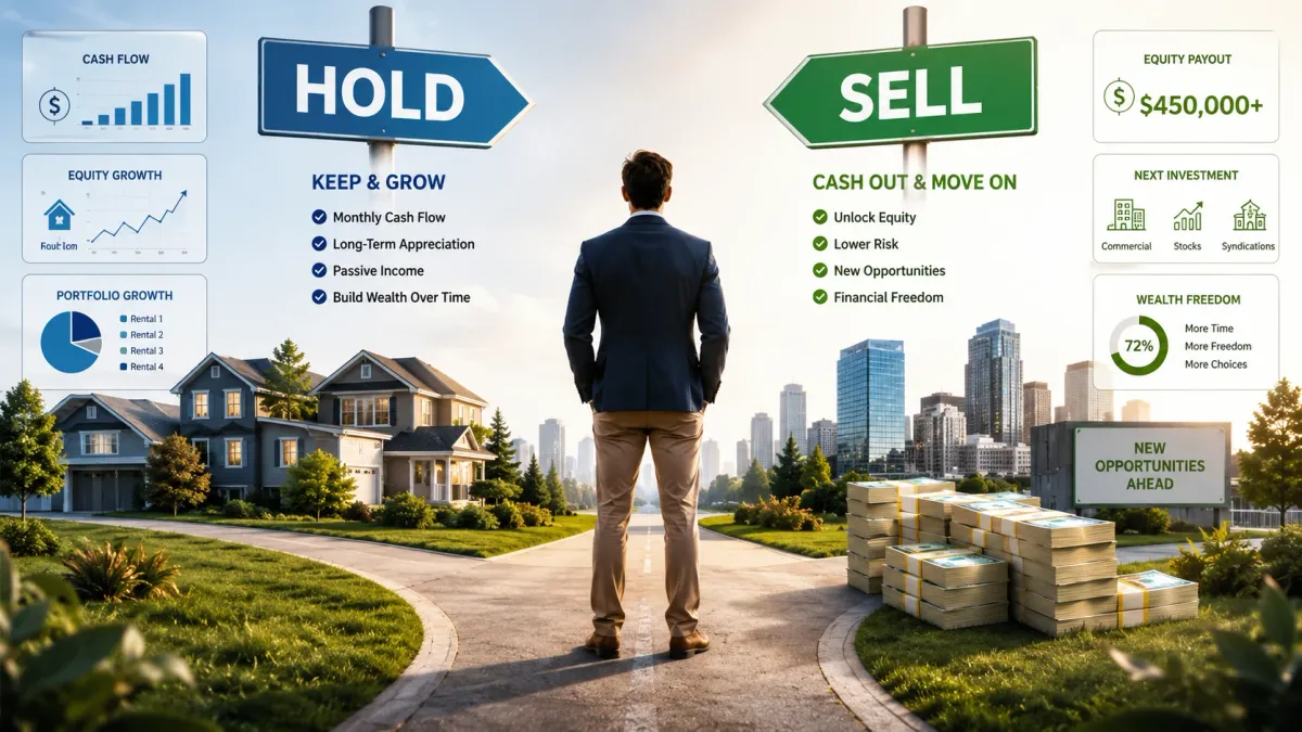 Real estate investor deciding whether to sell or hold a rental property based on cash flow, equity, and long-term wealth strategy.