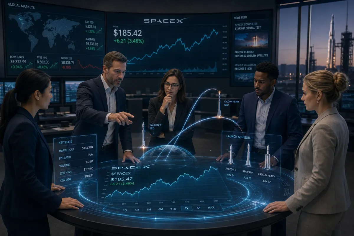 Professional financial analysts reviewing SpaceX stock data on a holographic display in a modern office.