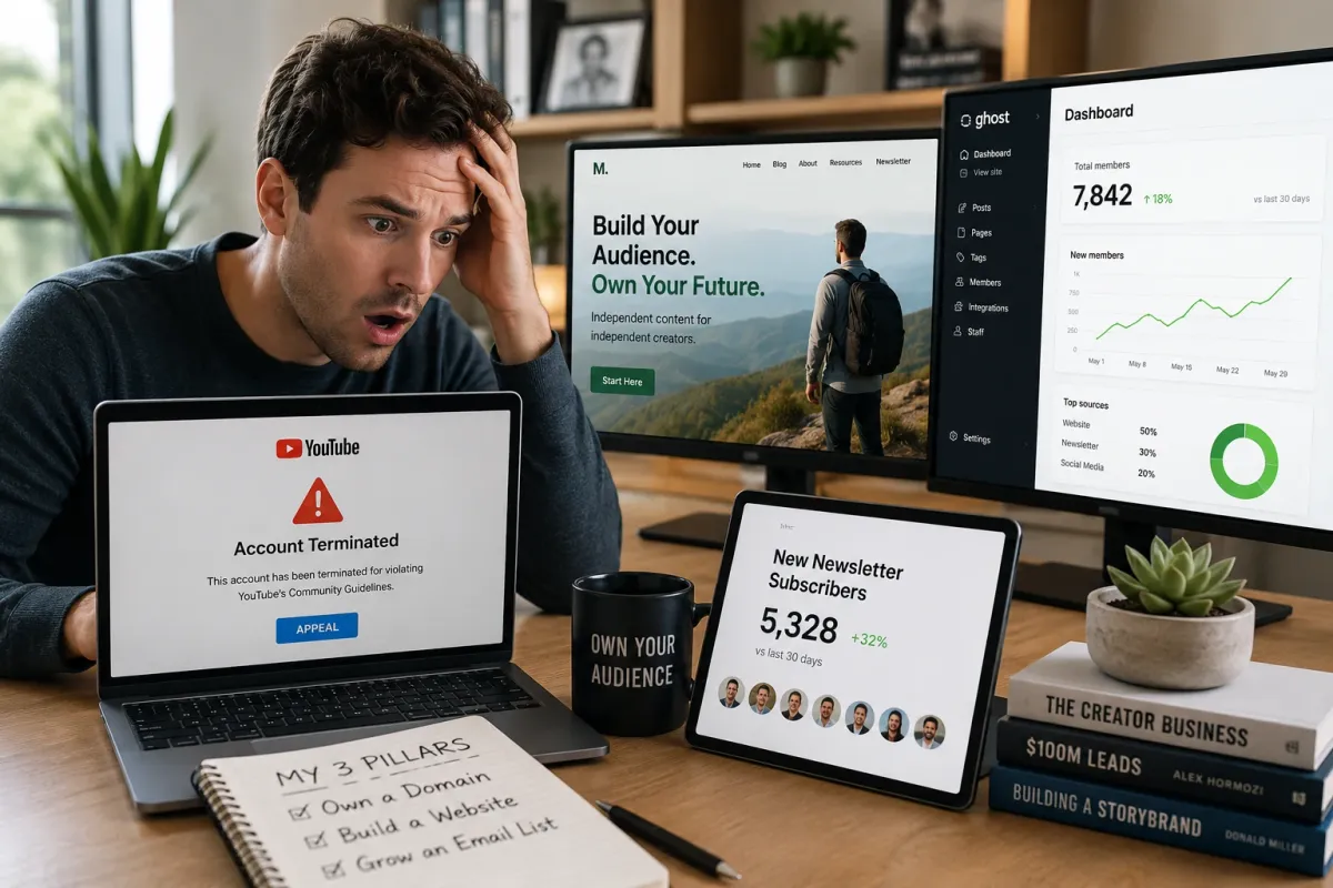 Content creator rebuilding an independent online business after losing a YouTube channel by using a website, Ghost blog, and email newsletter.