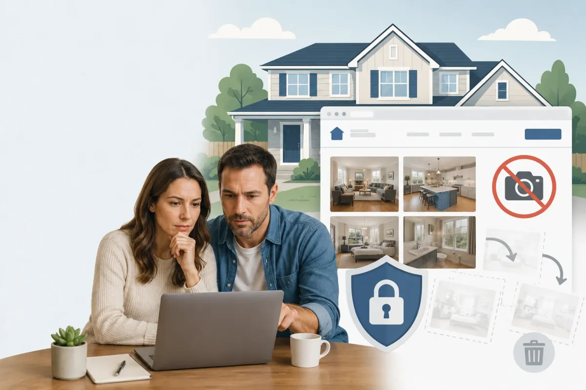 New homeowners removing interior listing photos from an online real estate website to protect their home privacy.