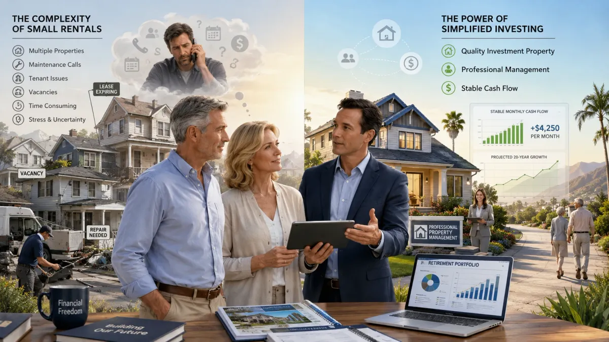 Retirement real estate portfolio restructuring with rental properties, property management, and 1031 Exchange strategy