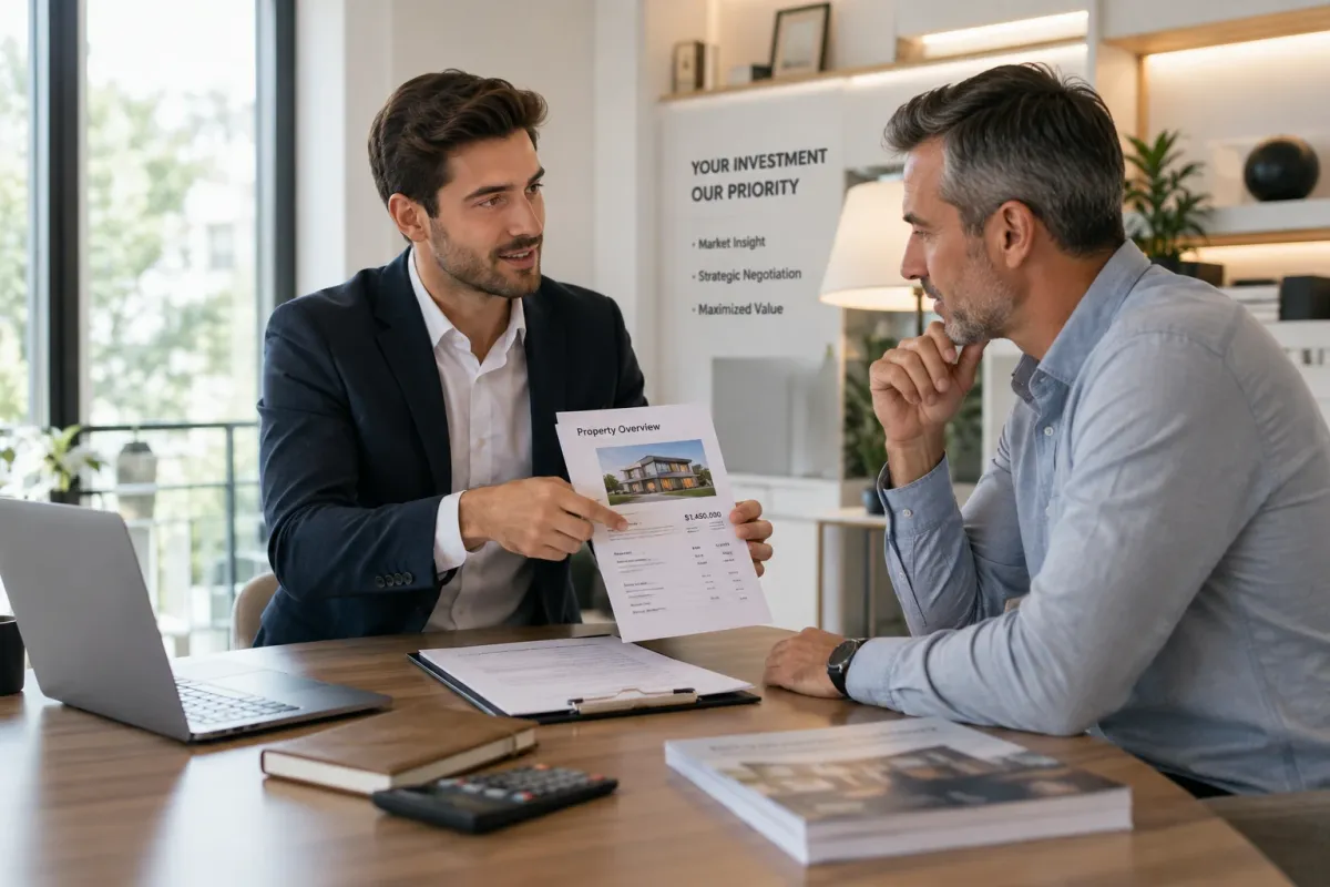 A real estate agent and a property investor negotiating agent commission fees in a modern office.