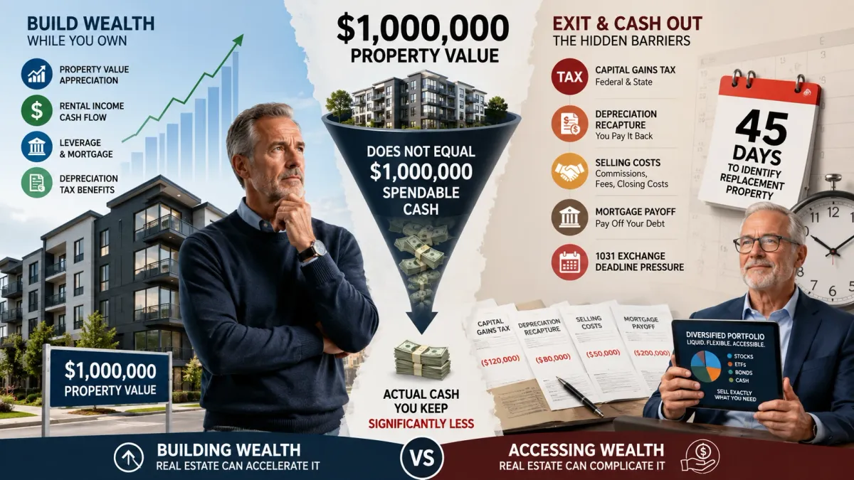 Real estate investor comparing a $1 million rental property with taxes, 1031 exchange costs, and liquid retirement investments