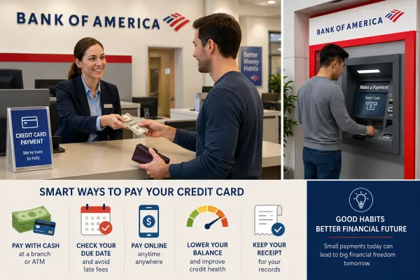 Customer paying a Bank of America credit card bill with cash at a bank branch and ATM in the United States.