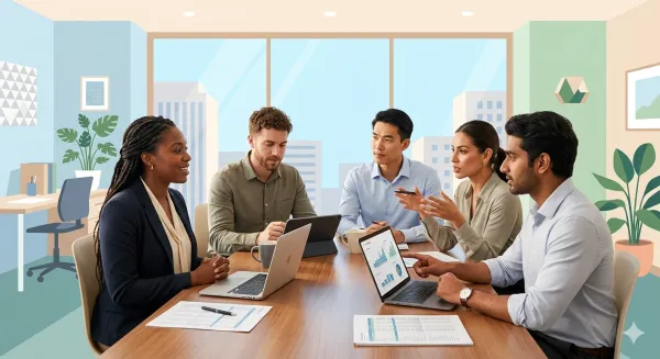A group of professional young adults discussing financial planning and salary negotiation strategies in a modern office space.
