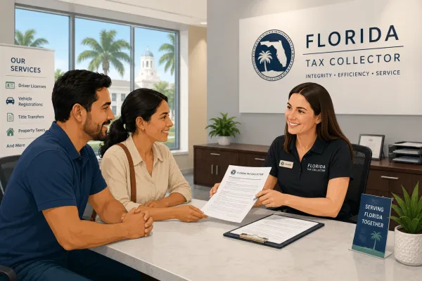 A helpful clerk assisting an immigrant couple with their Florida driver's license documentation at a Tax Collector office.