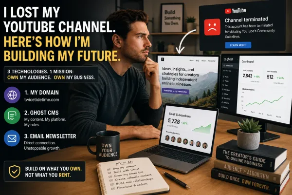 Creator rebuilding an independent online business with Ghost CMS, a personal domain, and an email newsletter after losing a YouTube channel.