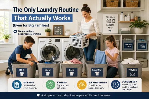 Organized large family doing laundry together in a bright modern laundry room with labeled bins and daily routine system displayed