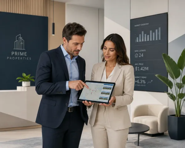 "Two professional real estate investors analyzing market data on a digital interface."