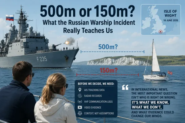 Russian warship and British yacht incident illustrating the debate over distance, facts, and interpretation in international news reporting