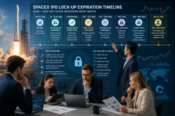 Investors analyzing a futuristic SpaceX IPO lock-up expiration timeline with rocket imagery, calendar dates, lock icons, and stock market charts.
