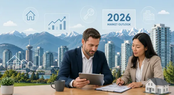 Investors analyzing Vancouver real estate market trends in 2026 with city skyline background