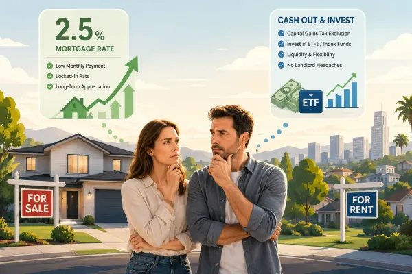 California homeowners deciding whether to sell or rent out a home with a 2.5% mortgage while comparing long-term investment options.