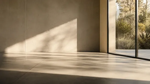 Minimalist empty luxury interior with natural sunlight casting geometric shadows, representing financial clarity and zero-debt peace of mind.