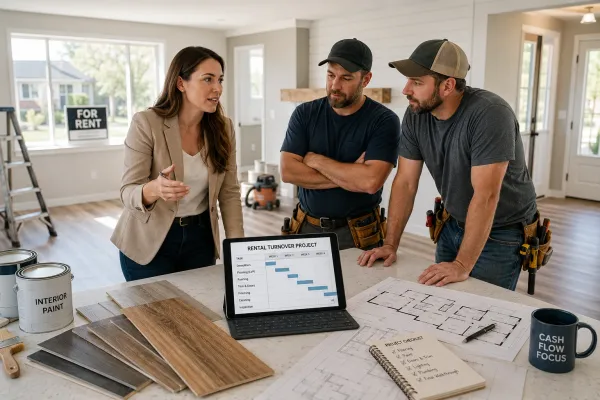 Sarah managing a rental property renovation project with contractors during a rental turnover in the United States.