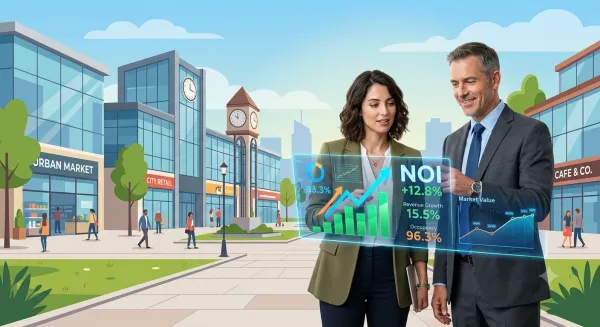 Two realistic commercial real estate professional analysts reviewing a holographic NOI chart in front of a flat-illustration-style modern retail building.