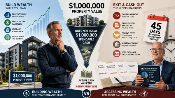 Real estate investor comparing a $1 million rental property with taxes, 1031 exchange costs, and liquid retirement investments