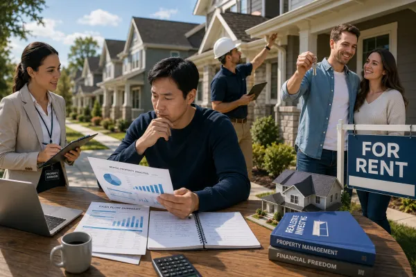 Real estate investor reviewing rental properties with a property manager in an American suburban neighborhood